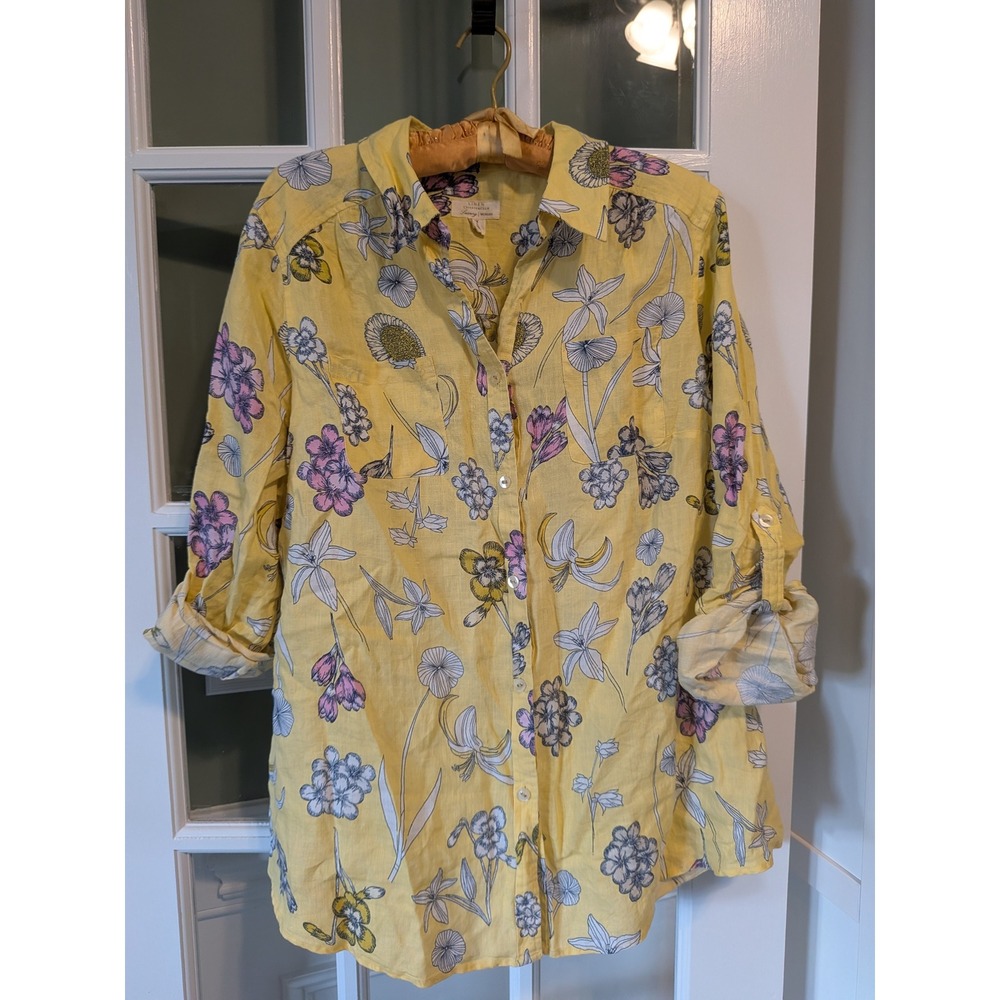Charter Club Luxury 100% Linen Yellow Floral Button Down Shirt Plus Size 2X